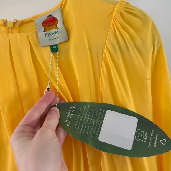 Farm Rio Yellow Bead Embellished Draped Satin Midi Dress XS Cutout Boho New Flaw - Picture 3 of 10